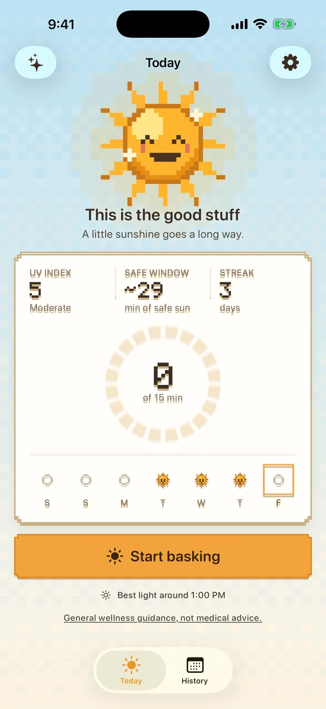 Basky Today screen reading This is the good stuff, with UV Index 5, a safe window of about 29 minutes, a 3-day streak, a basking ring, a week of sun dots, and a large Start basking button.