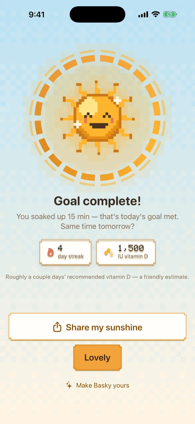 Basky cheerful celebration screen shown after finishing a bask, with the pixel-sun mascot smiling.