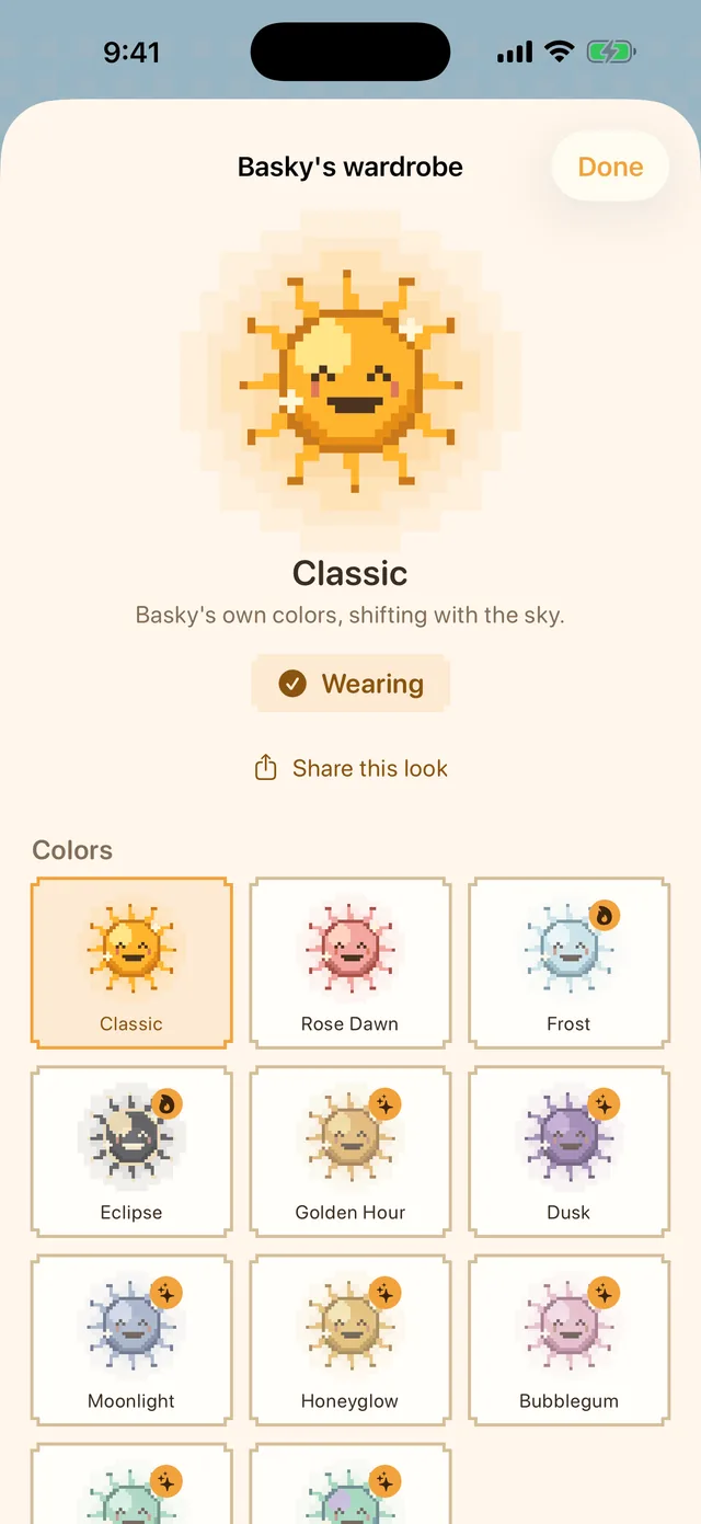 Basky wardrobe of pixel-sun looks and companions to dress up your mascot.